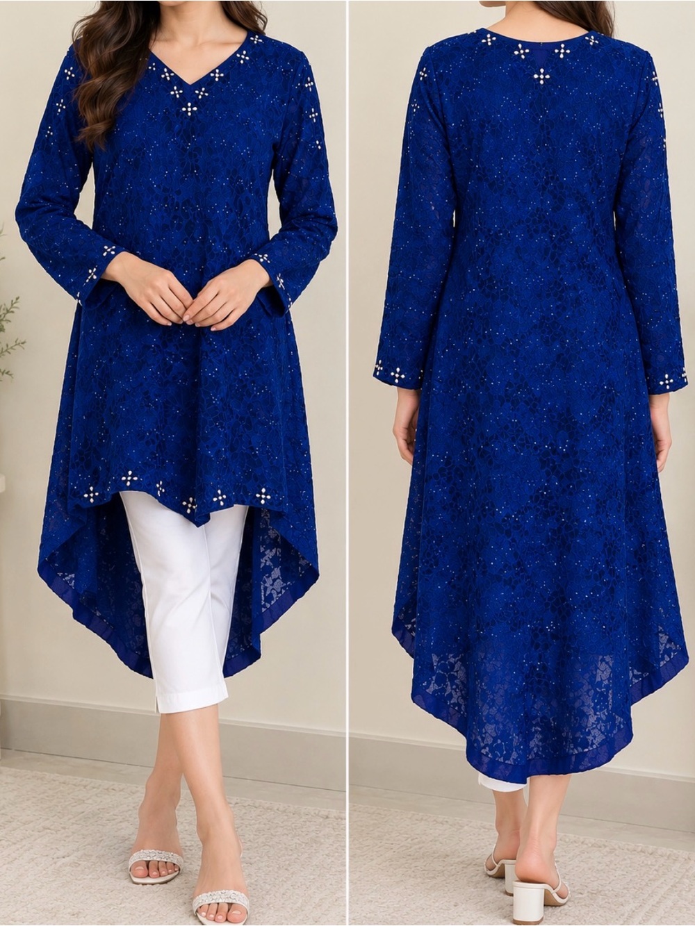 Kurta royal Blue velvet tunic top pearl silver embellishments. Size S pre owned - Picture 1 of 16